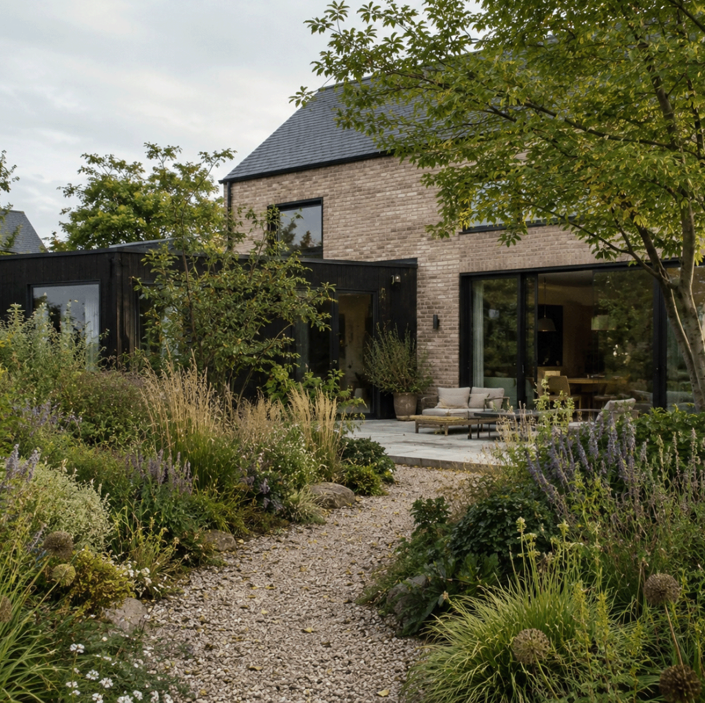 Modern villaträdgård med grusgång, träd och perennplanteringar
